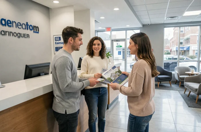 Un couple de jeunes clients en discussion avec un conseiller à l'accueil d'une agence bancaire Société Générale