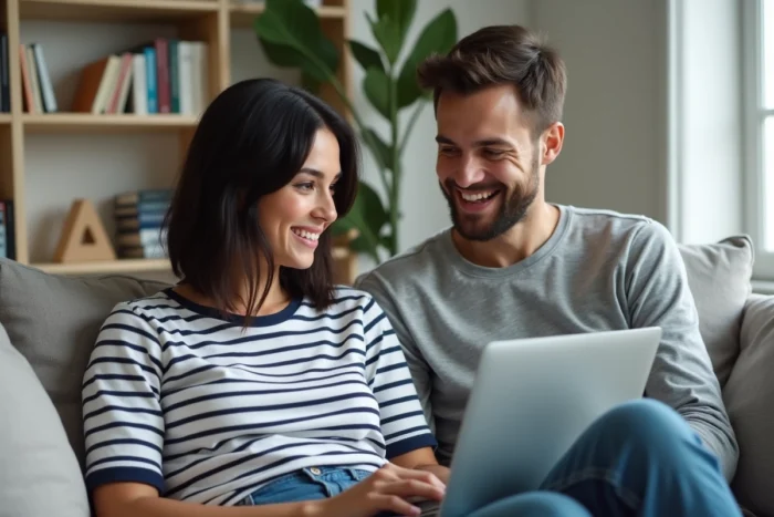 Couple détendu dans un appartement moderne parisien, moment de complicité quotidienne sur un canapé