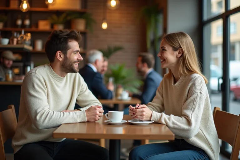 Couple complice partageant un café dans un bistrot parisien, ambiance décontractée et chaleureuse