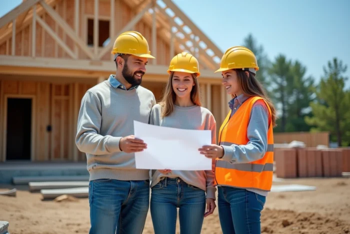 Couple de futurs propriétaires discutant des plans de leur maison individuelle sur mesure avec une cheffe de chantier lors d'une visite de construction