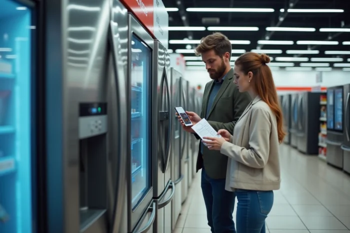 Couple comparant deux réfrigérateurs de classes énergétiques différentes dans un magasin d'électroménager