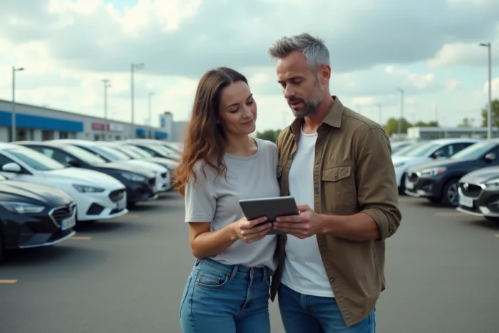 Couple comparant des véhicules d'occasion sur tablette dans un parc automobile extérieur