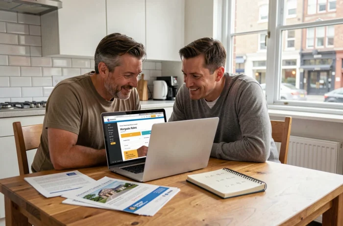 Couple comparant les offres de prêt immobilier sur ordinateur à domicile