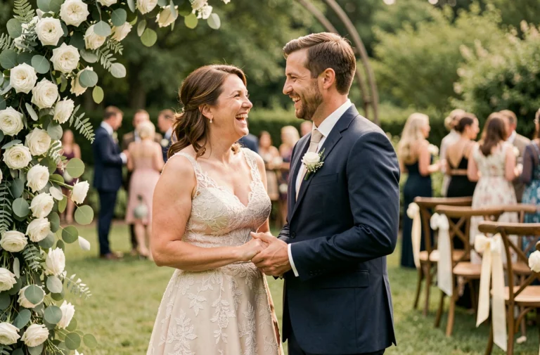 Couple de mariés souriant sous une arche florale lors d'un mariage en plein air dans un jardin fleuri