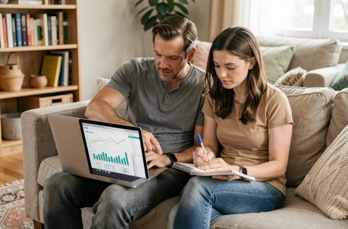 Couple planifiant ensemble leurs finances personnelles avec un ordinateur portable et un carnet sur un canapé à la maison