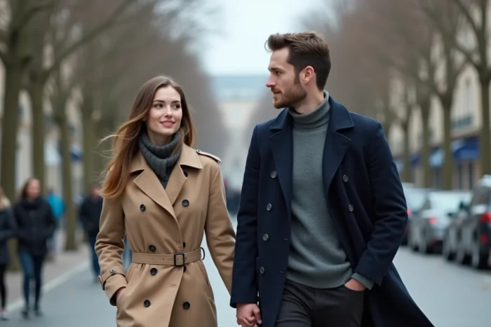 Couple se promenant main dans la main dans une avenue parisienne au printemps, look élégant et naturel