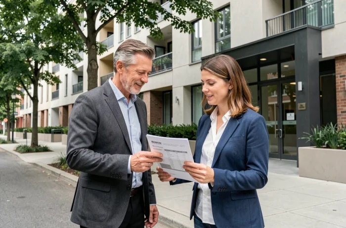 Couple examinant une annonce immobilière devant un immeuble résidentiel moderne en ville