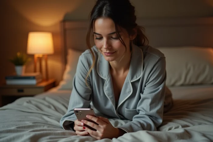 Femme en pyjama gris posant son smartphone sur sa table de chevet avant de dormir, illustrant la coupure numérique avant le coucher pour améliorer le sommeil