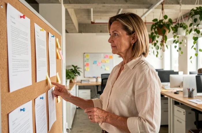 Femme analysant le contenu de son blog amateur affiché sur un tableau de liège dans un espace de coworking