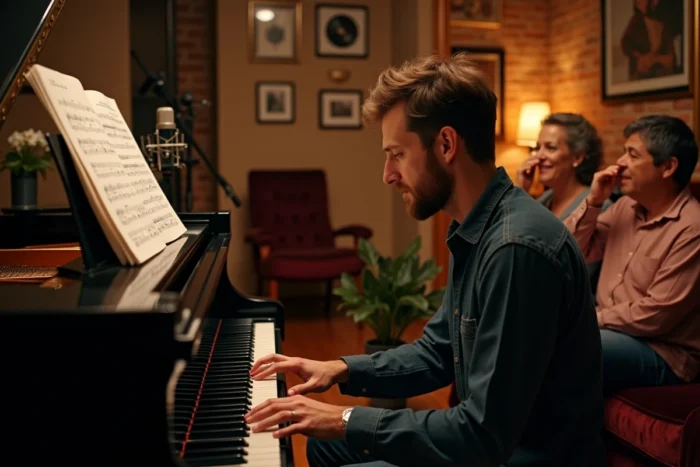 Musicien jouant une chanson personnalisée au piano pour un couple ému lors de leur anniversaire de mariage