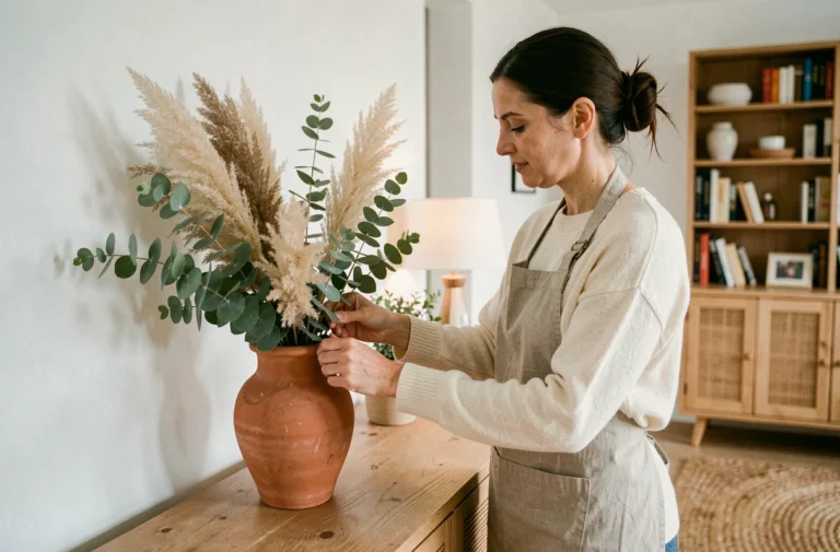 Femme arrangeant des fleurs séchées dans un vase en terre cuite pour décorer son intérieur scandinave