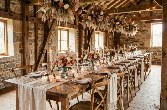 Décoration de table de réception de mariage rustique chic dans une grange avec fleurs et bougies