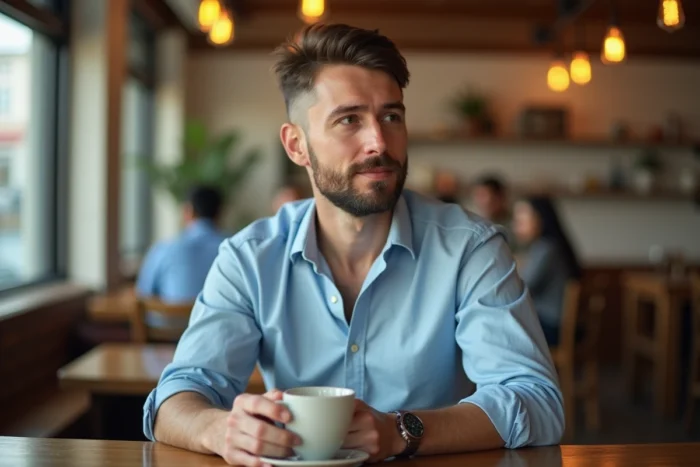 Homme d'affaires décontracté avec une coupe dégradé bas dans un café contemporain