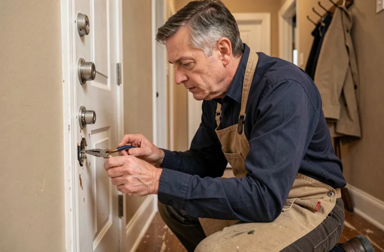 Serrurier professionnel inspectant un cylindre de serrure cassé sur une porte d'entrée résidentielle
