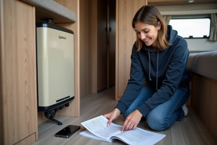 Femme consultant le manuel d'utilisation du chauffage Truma Combi 4 à l'intérieur d'un camping-car