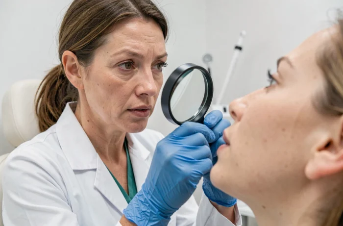 Dermatologue examinant la peau du visage d'une patiente pour évaluer les risques d'un traitement de comblement des rides