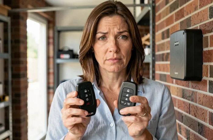 Femme tenant deux télécommandes de portail pour les synchroniser et les comparer dans un garage résidentiel