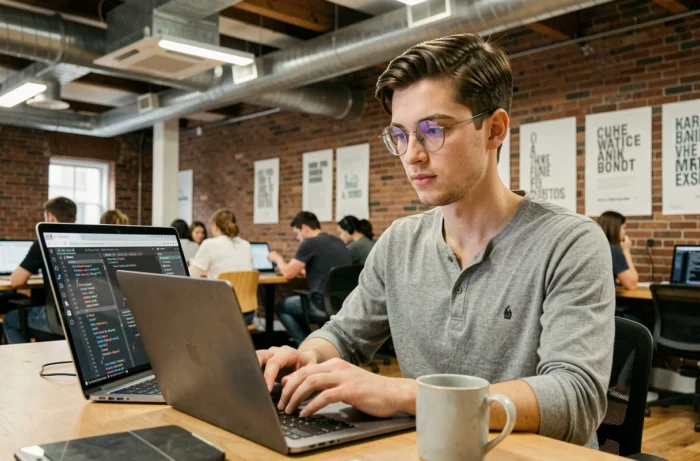Développeur web freelance travaillant sur un site internet dans un espace de coworking moderne et créatif