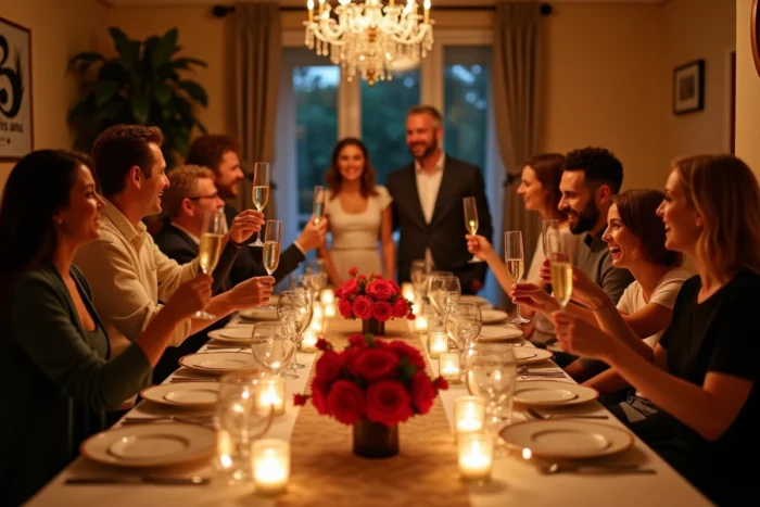 Dîner surprise organisé par les enfants et proches pour célébrer 25 ans de mariage avec champagne et décorations