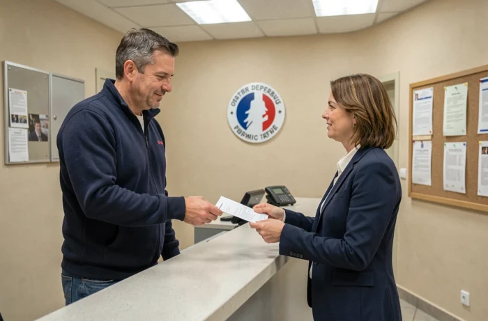 Homme déposant un dossier d'élection de domicile en mairie pour un camping ouvert à l'année