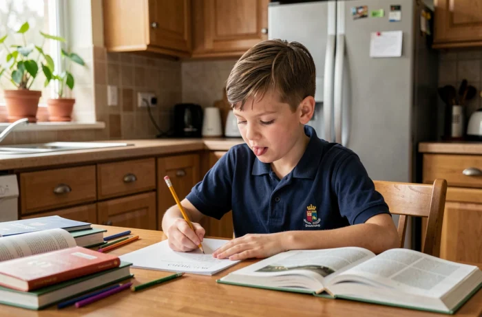 Écolier de 6ème travaillant sur des exercices de rédaction française à la maison, entouré de manuels scolaires et d'un dictionnaire sur une table de cuisine