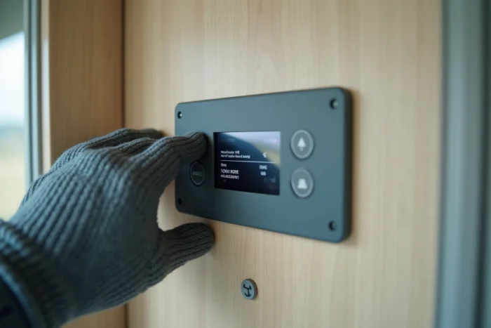 Gros plan sur l'écran d'affichage du Truma Combi 4 montrant un code erreur avec des mains appuyant sur les boutons de contrôle