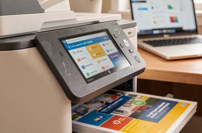 Gros plan sur l'écran tactile et le panneau de commande de l'imprimante HP Color LaserJet Pro MFP M281fdw
