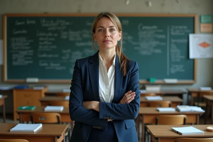 Enseignante pensive devant un tableau de classe évoquant les enjeux du pacte enseignant en 2026