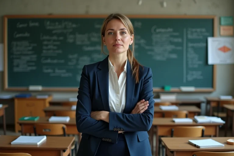 Enseignante pensive devant un tableau de classe évoquant les enjeux du pacte enseignant en 2026