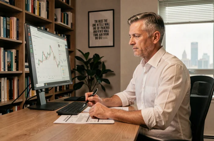 Entrepreneur analysant des performances financières sur un écran dans un bureau privé bien aménagé