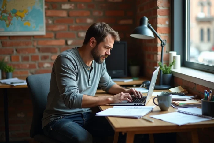 Entrepreneur indépendant travaillant seul dans un espace de coworking, entouré de notes et d'un ordinateur portable, symbolisant la création d'entreprise et l'esprit entrepreneurial