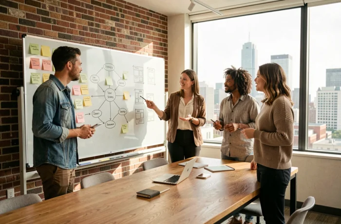 Équipe d'une agence web innovante en réunion de stratégie digitale autour d'un tableau blanc avec wireframes et notes