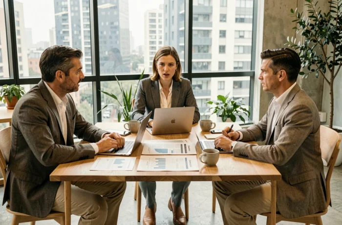 Équipe de professionnels collaborant autour d'une table pour développer une stratégie d'entreprise compétitive