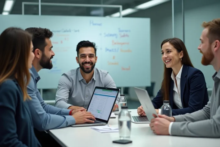 Équipe de collaborateurs en formation en ligne autour d'un LMS dans une salle de réunion