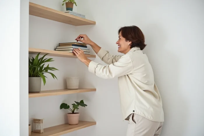 Personne en chemise en lin rangeant une étagère épurée dans un salon minimaliste scandinave, illustrant l'aménagement d'un espace de vie dégagé pour le bien-être