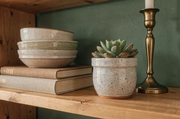 Étagère en bois décorée avec des céramiques, livres et plantes pour un intérieur chaleureux