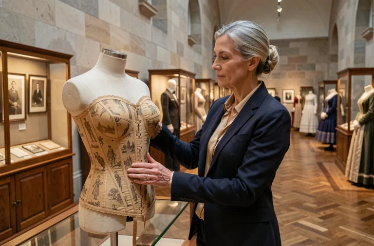 Conservatrice de musée examinant une pièce de mode historique victorienne dans une galerie de musée de la mode à travers les siècles