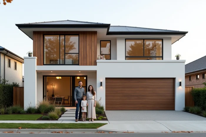 Façade d'une maison individuelle sur mesure contemporaine avec une famille devant leur nouvelle construction en banlieue résidentielle