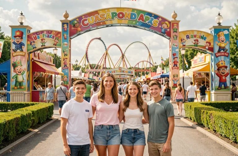 Famille heureuse devant l'entrée d'un parc d'attractions à Paris lors d'une sortie en été