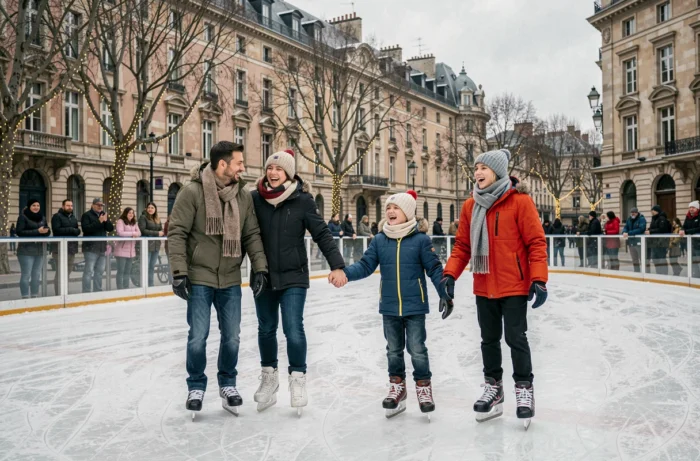 Famille heureuse patinant ensemble sur une patinoire extérieure à Lyon avec architecture historique en arrière-plan