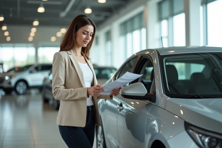 Femme examinant une brochure automobile dans une concession moderne lors de l'achat d'une voiture neuve