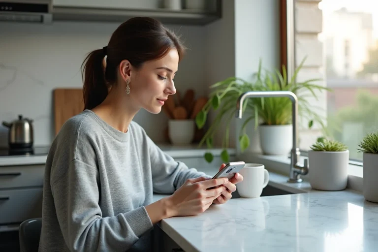 Femme consultant les actualités sur son smartphone autour d'un café le matin dans une cuisine moderne