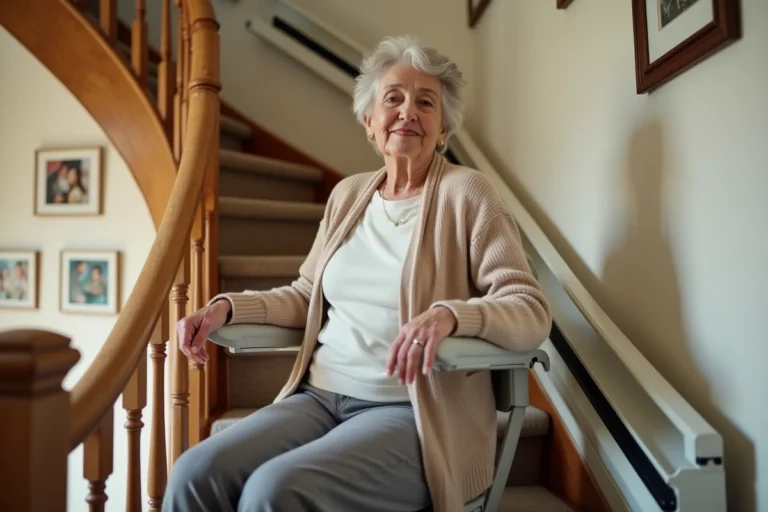Femme âgée assise sur un monte-escalier installé dans une maison familiale avec escalier en bois