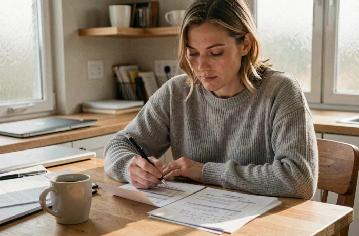 Femme gérant son budget personnel avec des feuilles de calcul et des notes manuscrites sur une table en bois à la maison