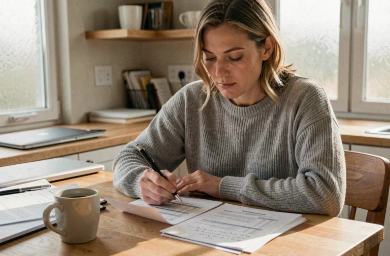 Femme gérant son budget personnel avec des feuilles de calcul et des notes manuscrites sur une table en bois à la maison