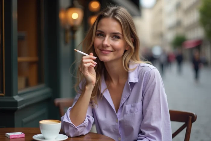 Femme tenant une cigarette Vogue Pastel dans un café parisien en terrasse