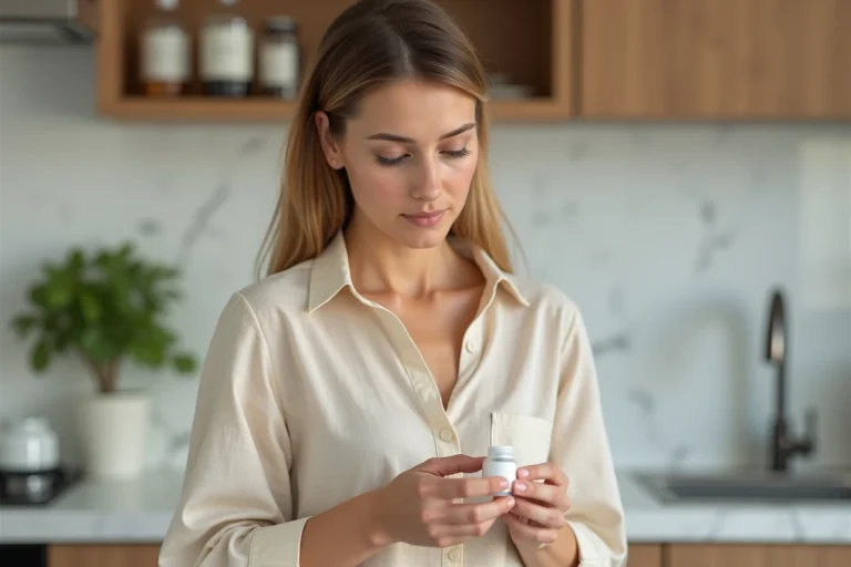 Femme lisant attentivement l'étiquette d'un complément alimentaire Maxmedix dans une cuisine moderne