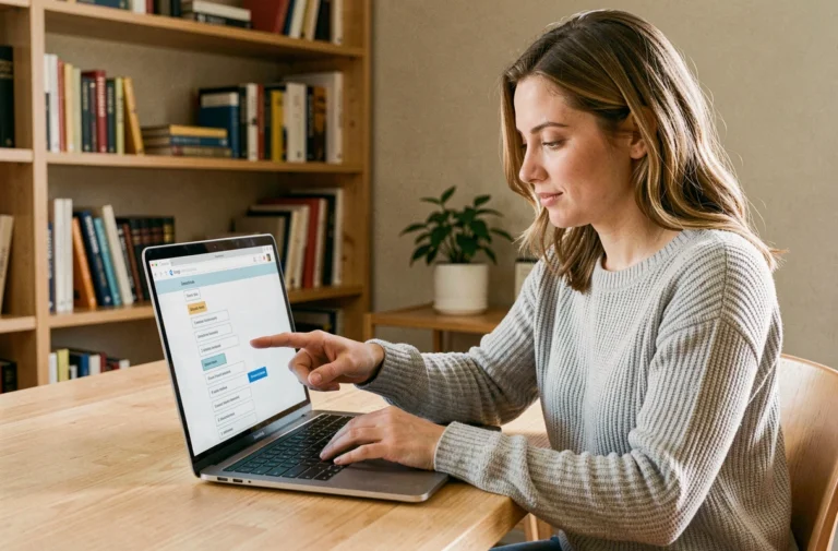 Femme consultant le plan du site d'une plateforme d'annonces en ligne sur son ordinateur portable depuis un bureau à domicile