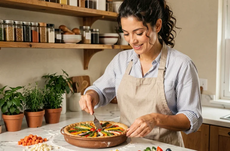 Femme cuisinant une tarte aux légumes colorée dans une cuisine maison rustique et chaleureuse
