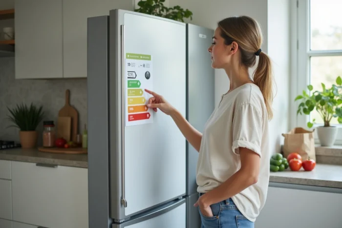 Femme examinant l'étiquette de classe énergétique d'un réfrigérateur moderne dans une cuisine contemporaine